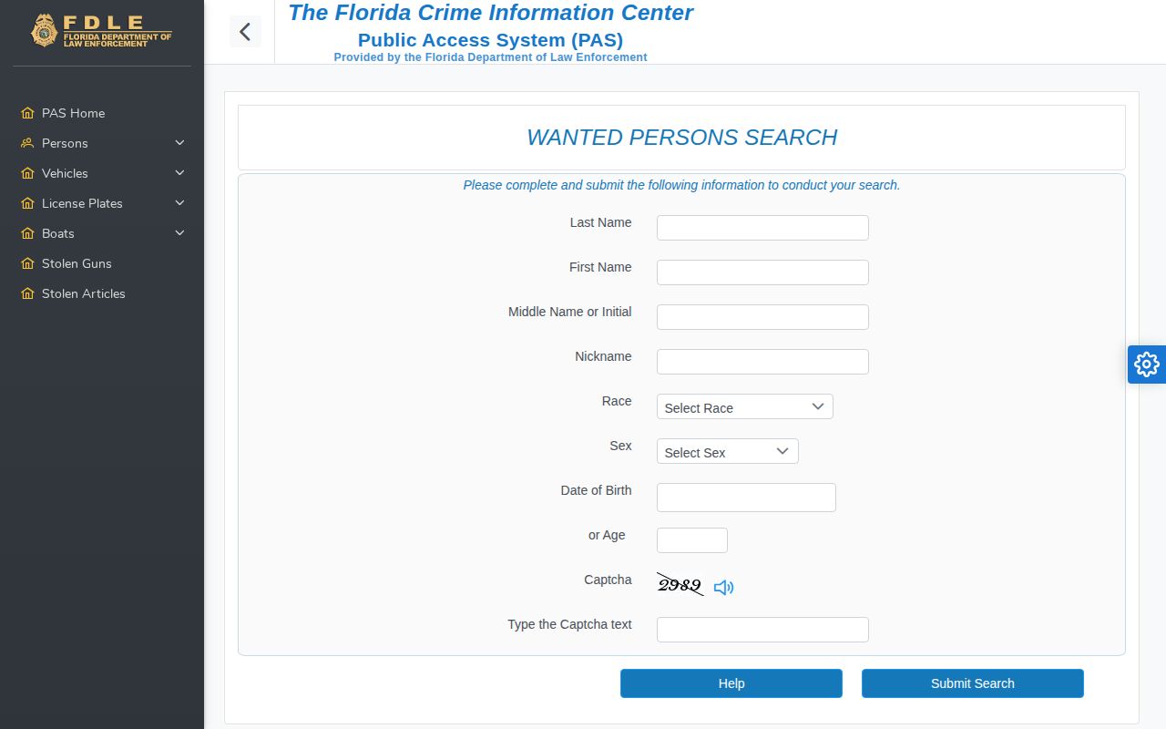 FDLE Suwannee County wanted-person record search form