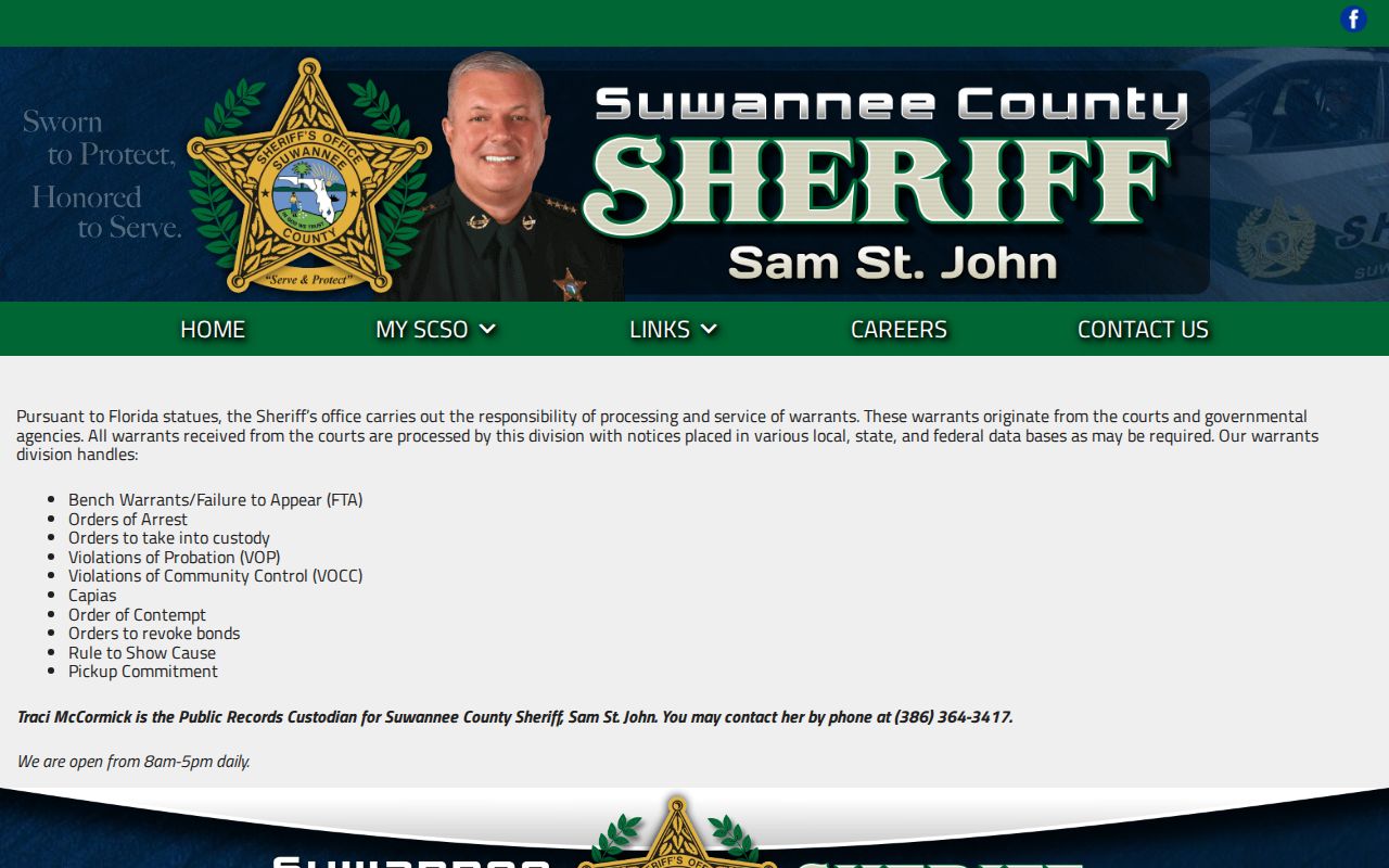 Suwannee County Sheriff warrant records and contact page
